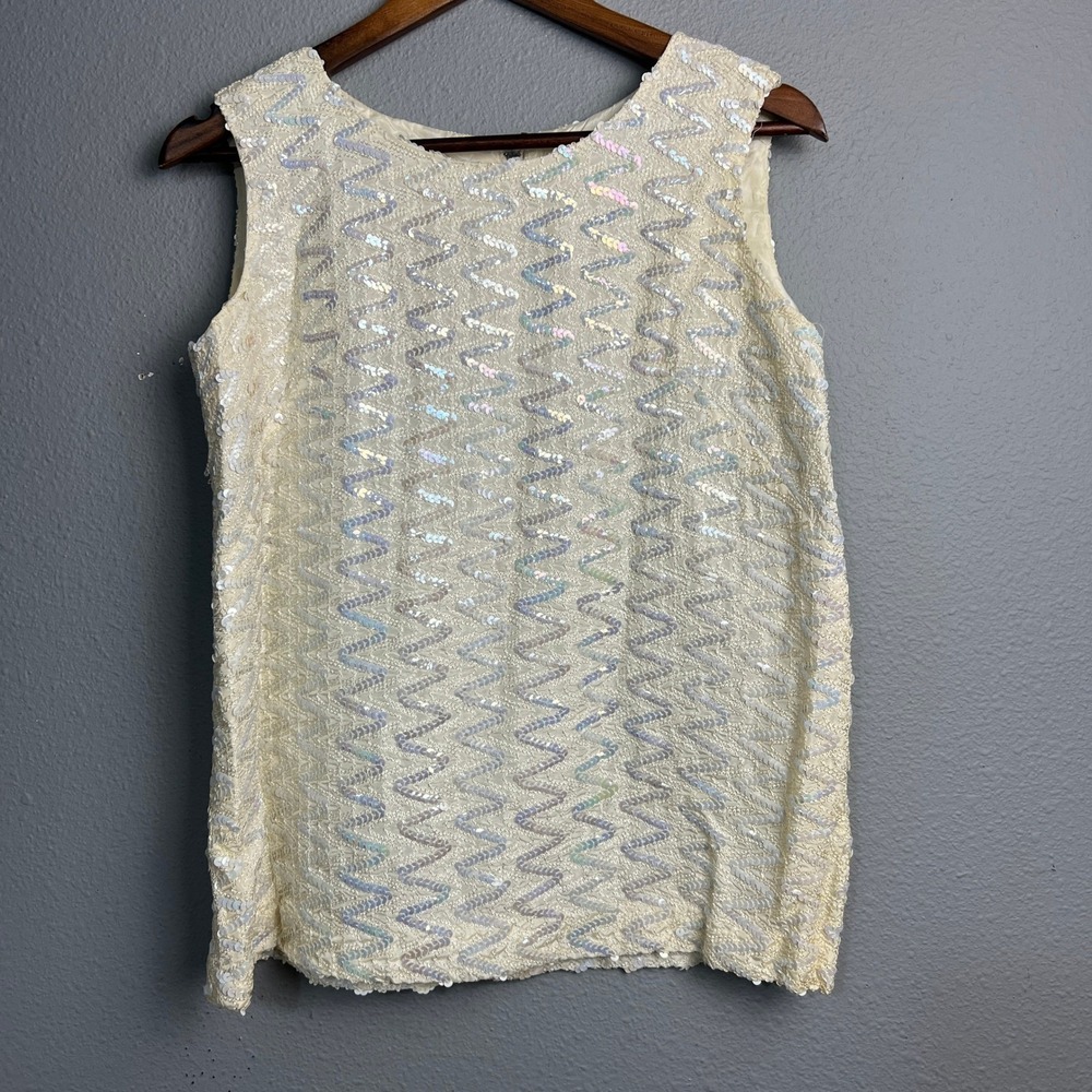 Vintage 60s Sequin Shell Top Cream Zigzag Sleeveless Blouse Back Zip Lined Sz Lg